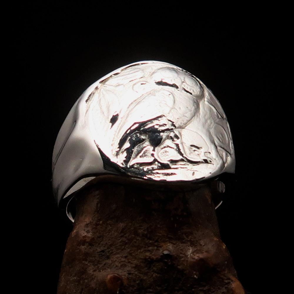 Men's sterling silver ring featuring an ancient Greek Drachma coin design with an owl motif, polished finish, and hallmarked 925.