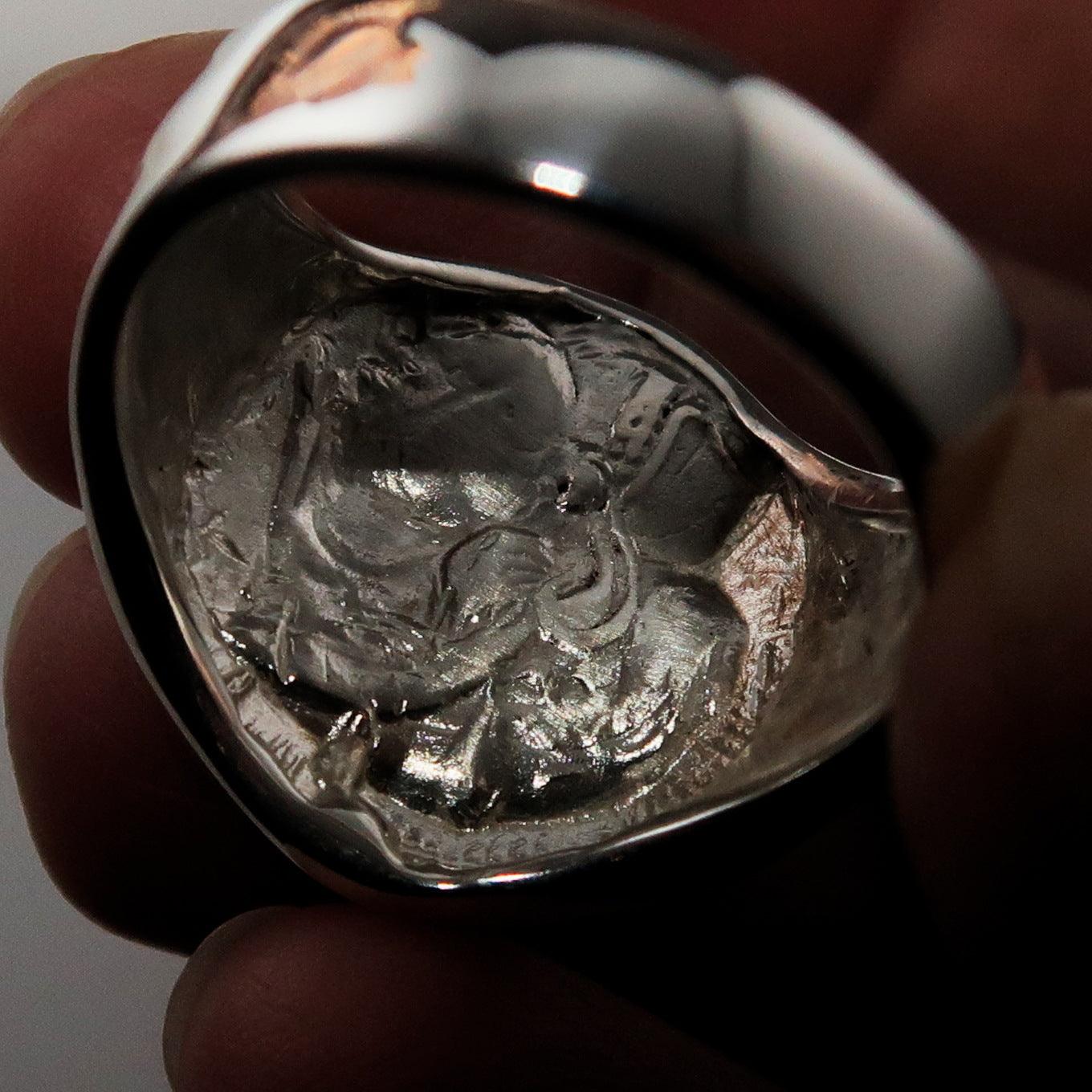 Men's sterling silver ring featuring an ancient Greek Drachma coin design with an owl motif, polished finish, and hallmarked 925.