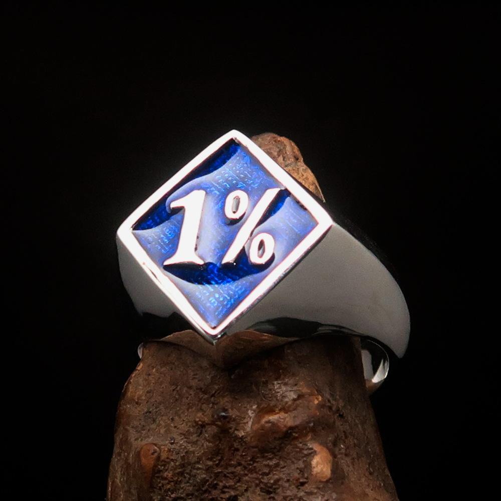 Men's sterling silver biker ring featuring a diamond-shaped design with blue enamel accents, hallmarked 925.