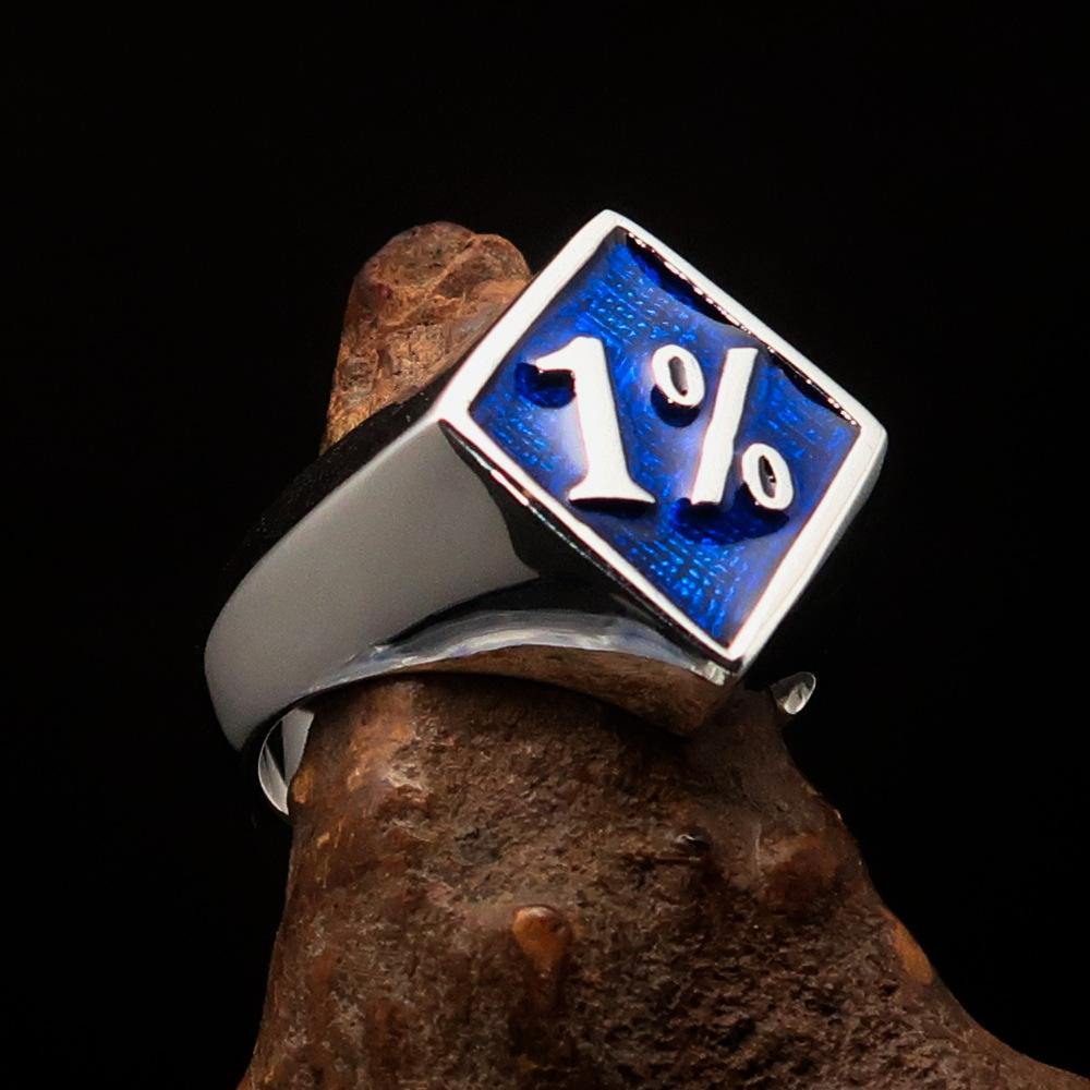 Men's sterling silver biker ring featuring a diamond-shaped design with blue enamel accents, hallmarked 925.