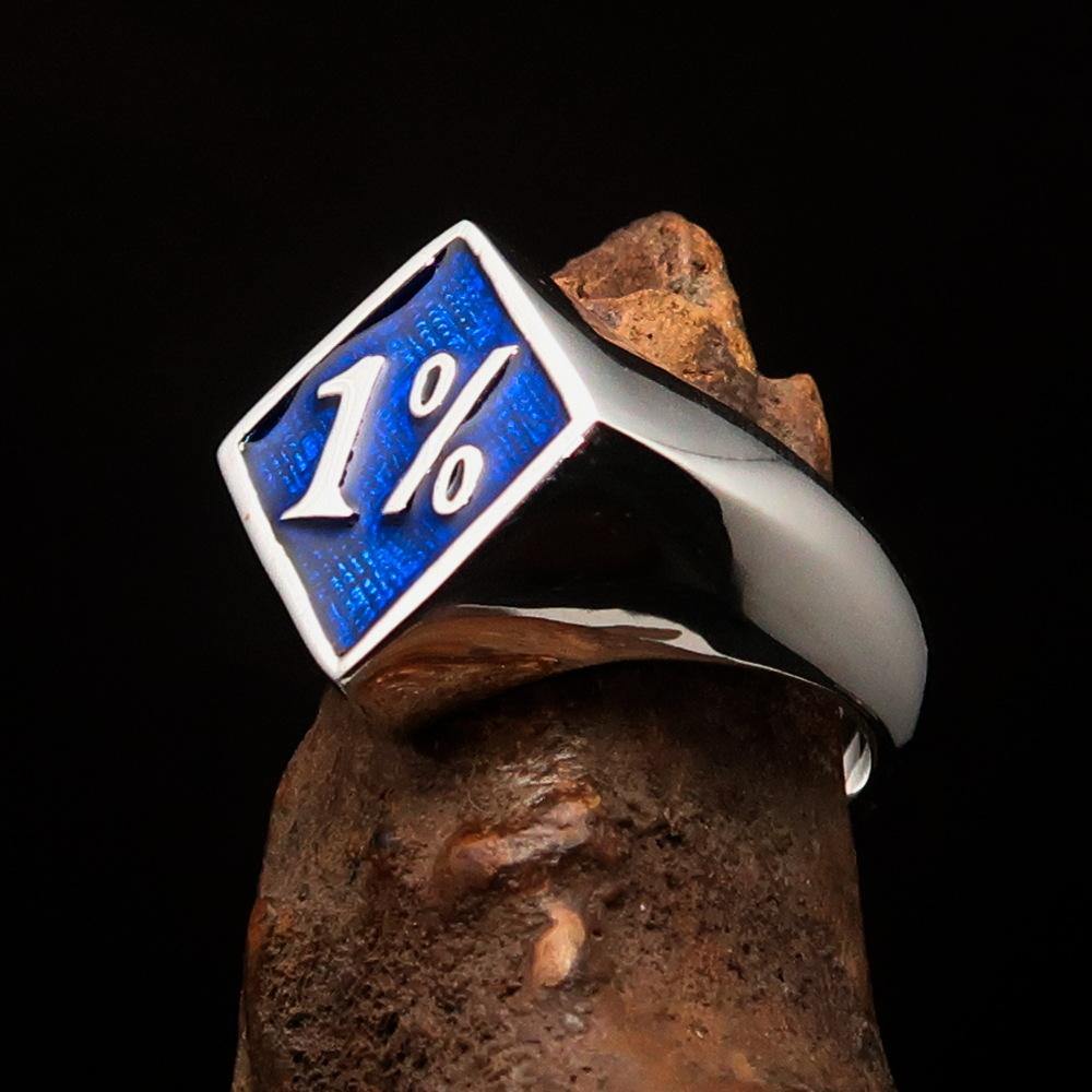 Men's sterling silver biker ring featuring a diamond-shaped design with blue enamel accents, hallmarked 925.