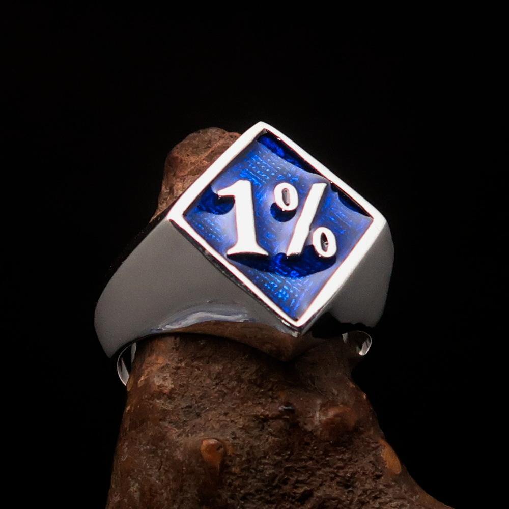 Men's sterling silver biker ring featuring a diamond-shaped design with blue enamel accents, hallmarked 925.