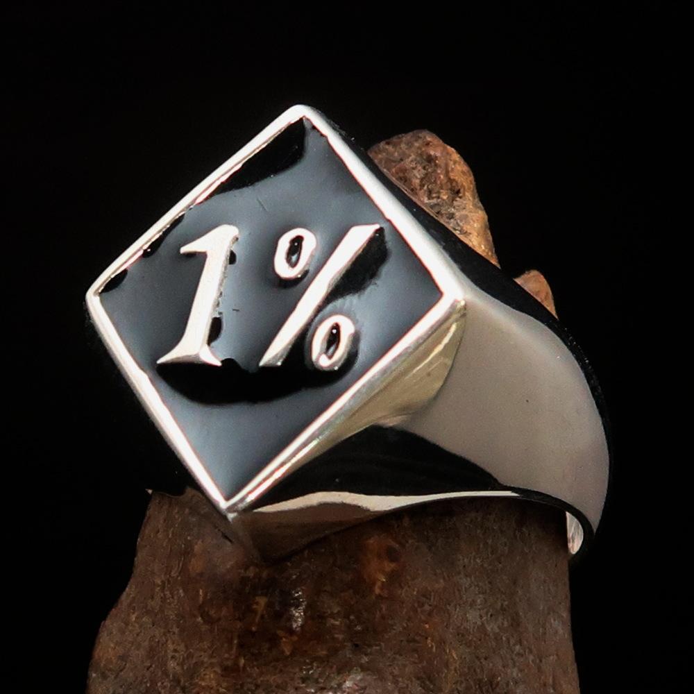 Men's sterling silver biker ring featuring a diamond-shaped design with black enamel accents, hallmarked 925.