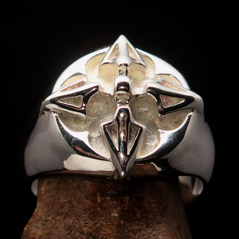 Men's sterling silver ring featuring crossed Tibetan Thunderbolts design, polished finish, and hallmarked 925 for authenticity.