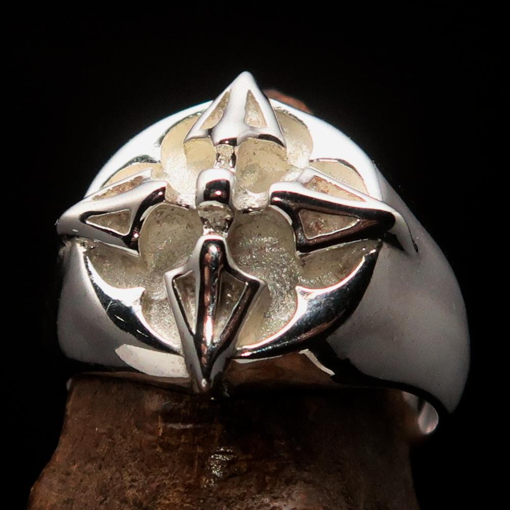 Men's sterling silver ring featuring crossed Tibetan Thunderbolts design, polished finish, and hallmarked 925 for authenticity.