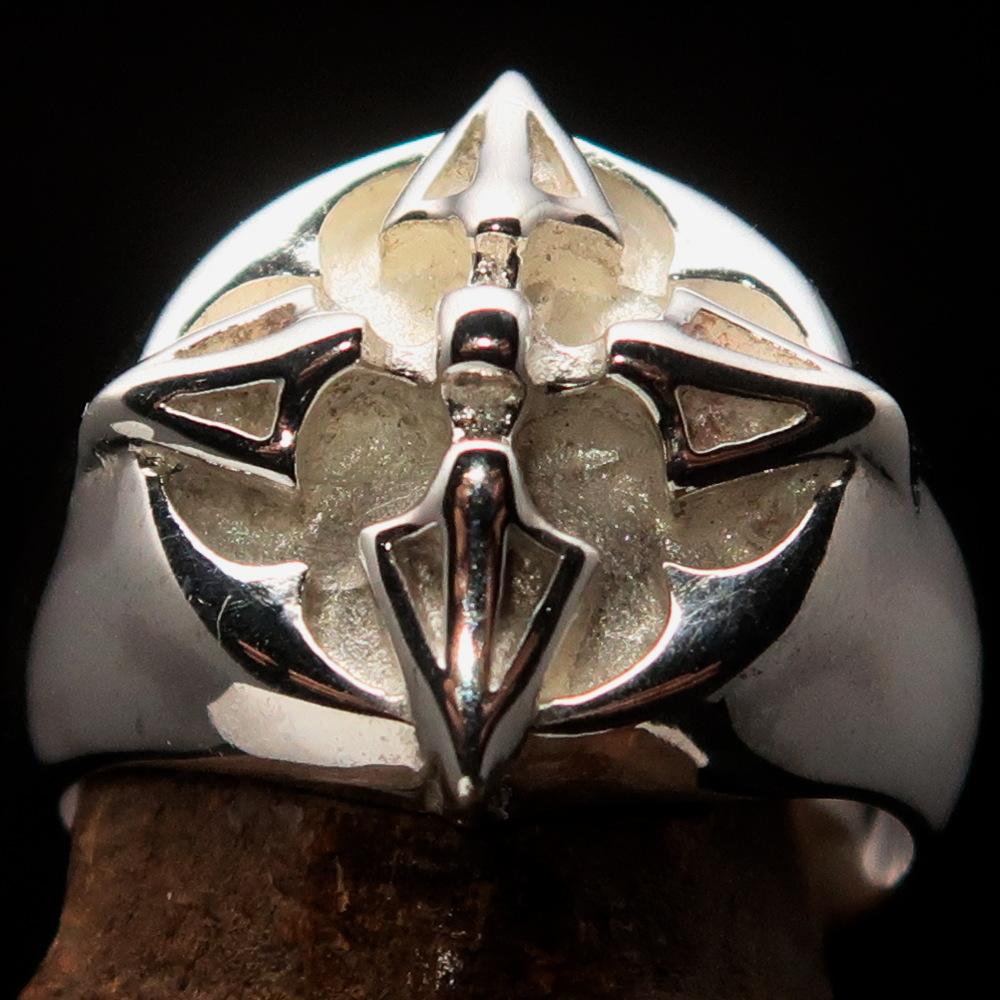 Men's sterling silver ring featuring crossed Tibetan Thunderbolts design, polished finish, and hallmarked 925 for authenticity.