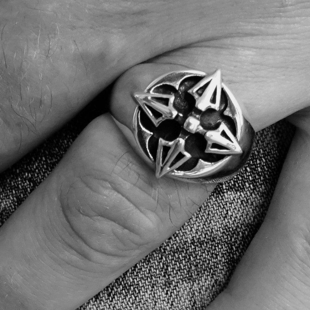 Men's sterling silver ring featuring crossed Tibetan Thunderbolts design, polished finish, and hallmarked 925 for authenticity.