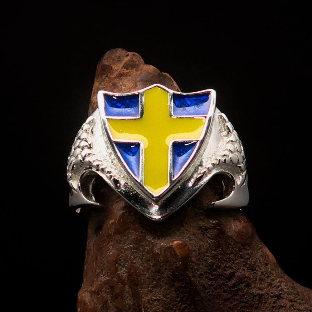 Men's sterling silver shield ring featuring the Flag of Sweden with a yellow cross on a blue background, showcasing high polish and enamel finish.