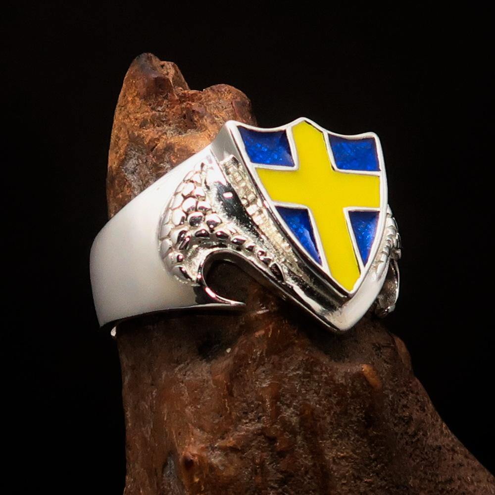 Men's sterling silver shield ring featuring the Flag of Sweden with a yellow cross on a blue background, showcasing high polish and enamel finish.