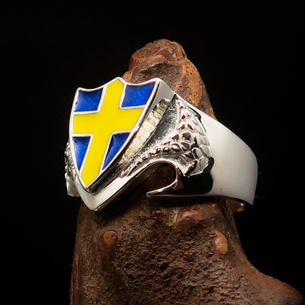 Men's sterling silver shield ring featuring the Flag of Sweden with a yellow cross on a blue background, showcasing high polish and enamel finish.