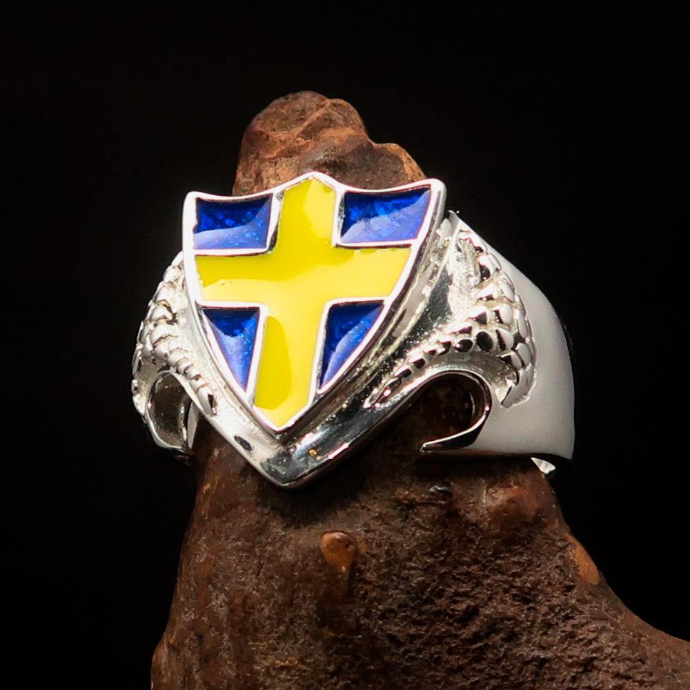 Men's sterling silver shield ring featuring the Flag of Sweden with a yellow cross on a blue background, showcasing high polish and enamel finish.