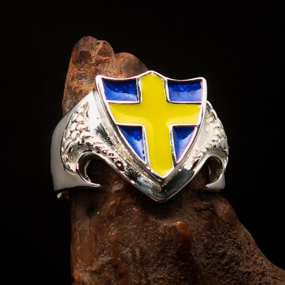 Men's sterling silver shield ring featuring the Flag of Sweden with a yellow cross on a blue background, showcasing high polish and enamel finish.