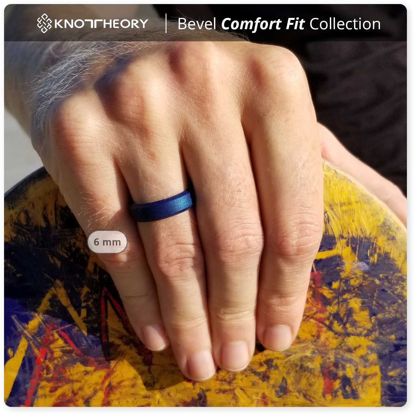 Metal Blue Bevel Edge Breathable Silicone Ring showcasing its sleek design and comfortable fit.