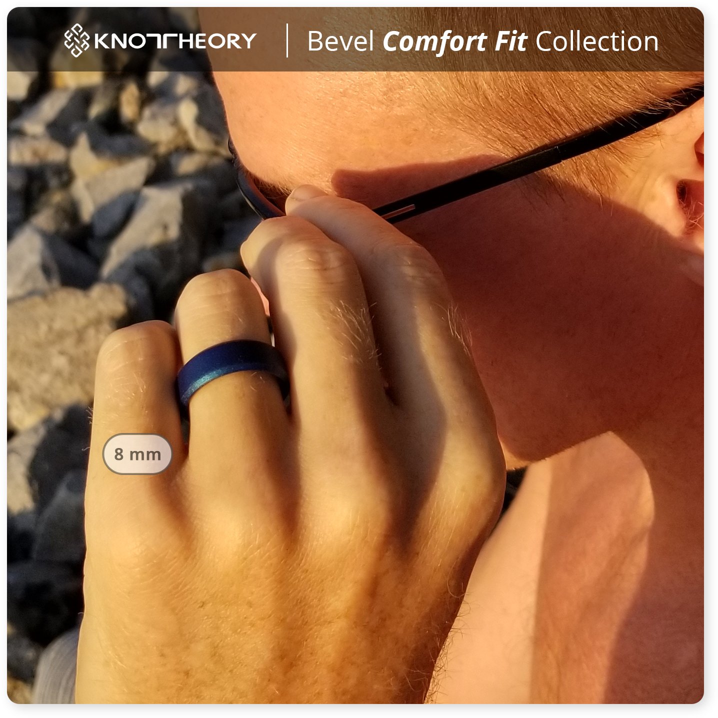 Metal Blue Bevel Edge Breathable Silicone Ring showcasing its sleek design and comfortable fit.