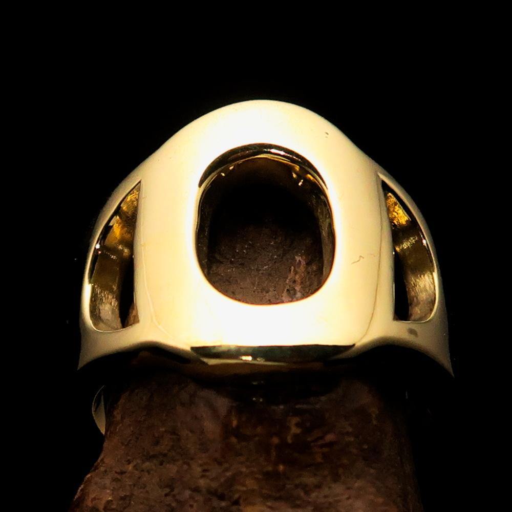 Mirror polished men's brass initial ring featuring a bold letter O, showcasing its sleek design and high shine finish.