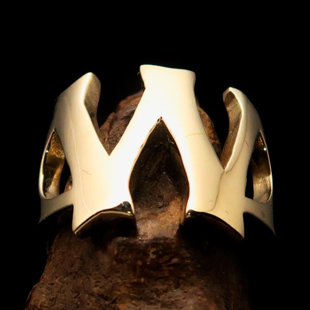 Mirror polished men's brass initial ring with bold letter W, showcasing a sleek and shiny design perfect for stylish men.