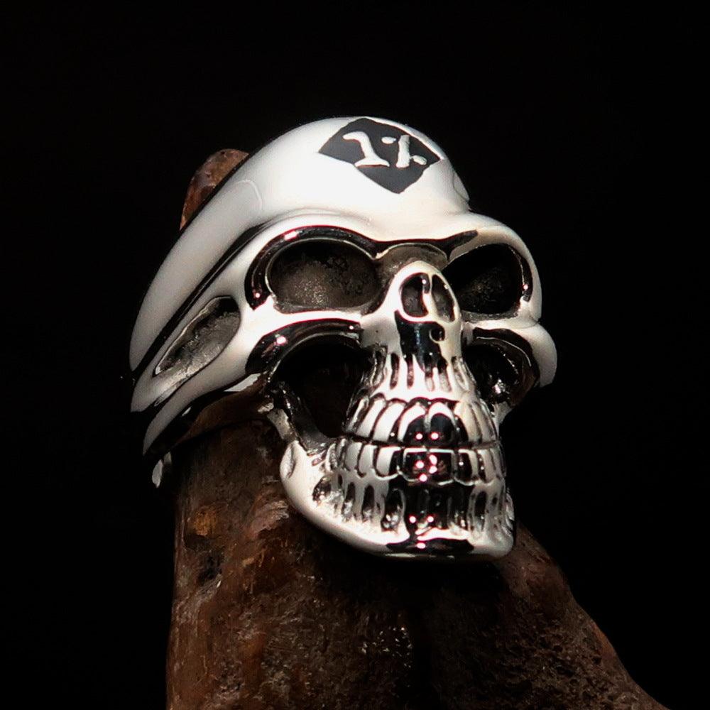 Mirror polished Men's Outlaw Biker Ring featuring a black enamel skull design, crafted from solid sterling silver with a high-polished finish.