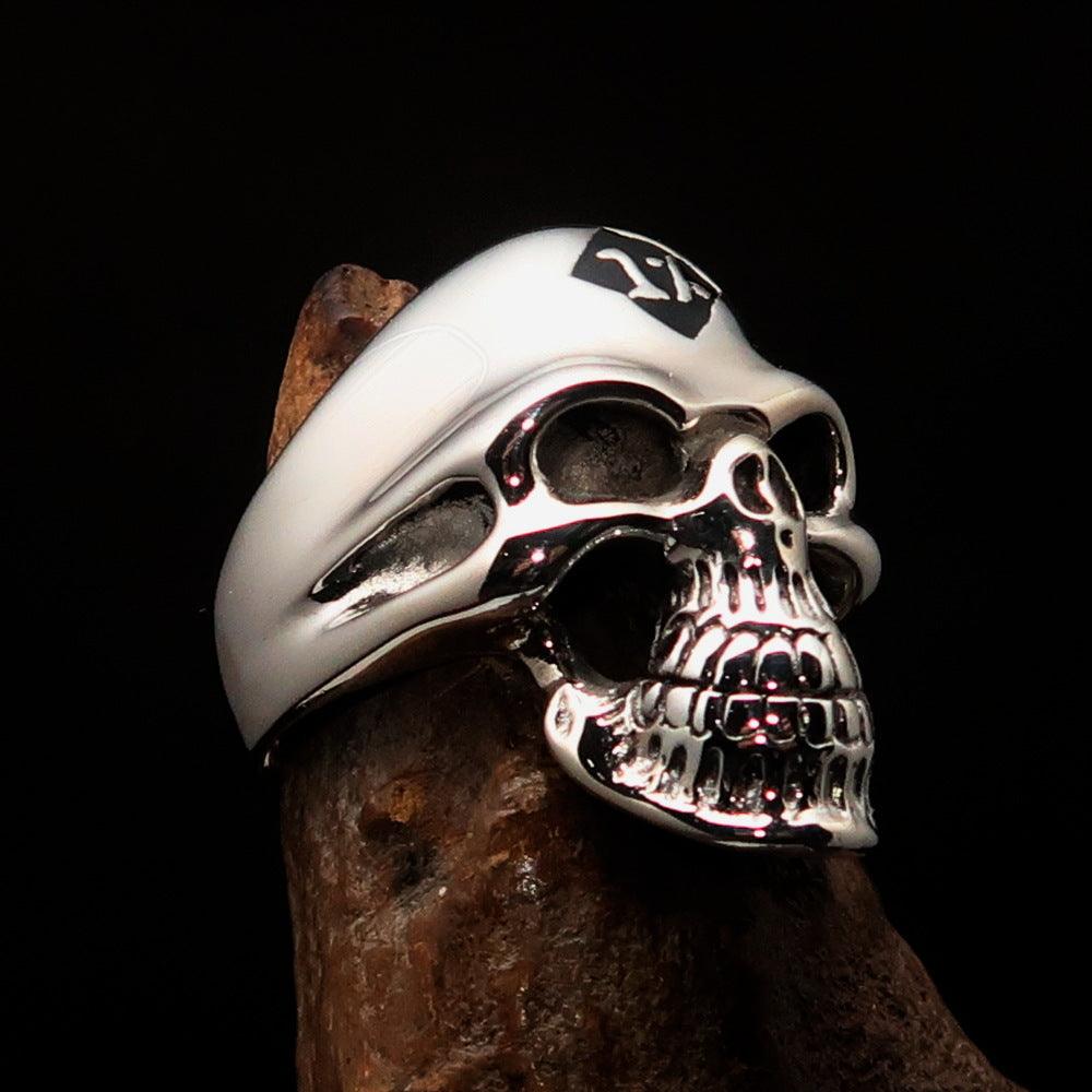 Mirror polished Men's Outlaw Biker Ring featuring a black enamel skull design, crafted from solid sterling silver with a high-polished finish.