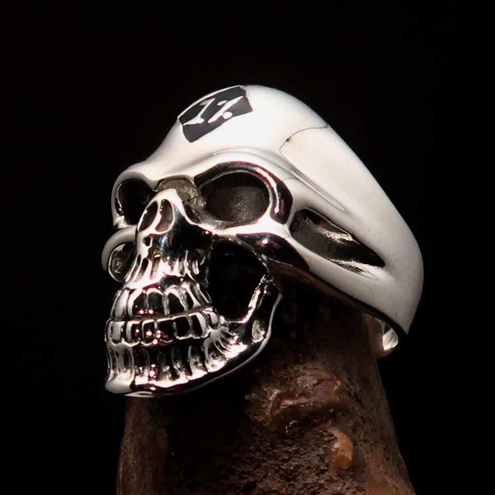 Mirror polished Men's Outlaw Biker Ring featuring a black enamel skull design, crafted from solid sterling silver with a high-polished finish.