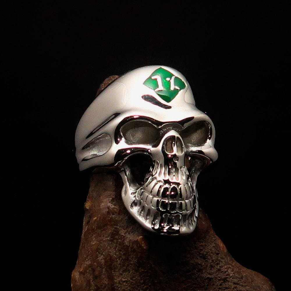 Mirror polished Men's Outlaw Biker Ring featuring a green enamel skull design, crafted from solid sterling silver with a high-polished finish.