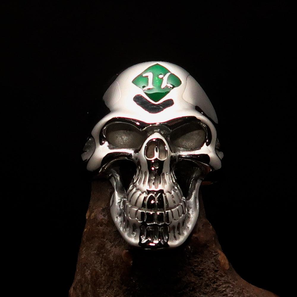 Mirror polished Men's Outlaw Biker Ring featuring a green enamel skull design, crafted from solid sterling silver with a high-polished finish.