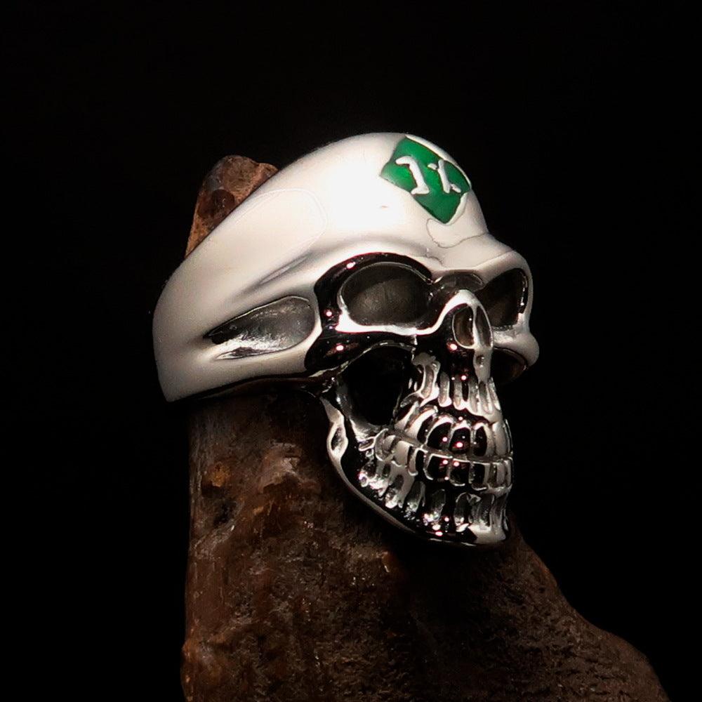 Mirror polished Men's Outlaw Biker Ring featuring a green enamel skull design, crafted from solid sterling silver with a high-polished finish.