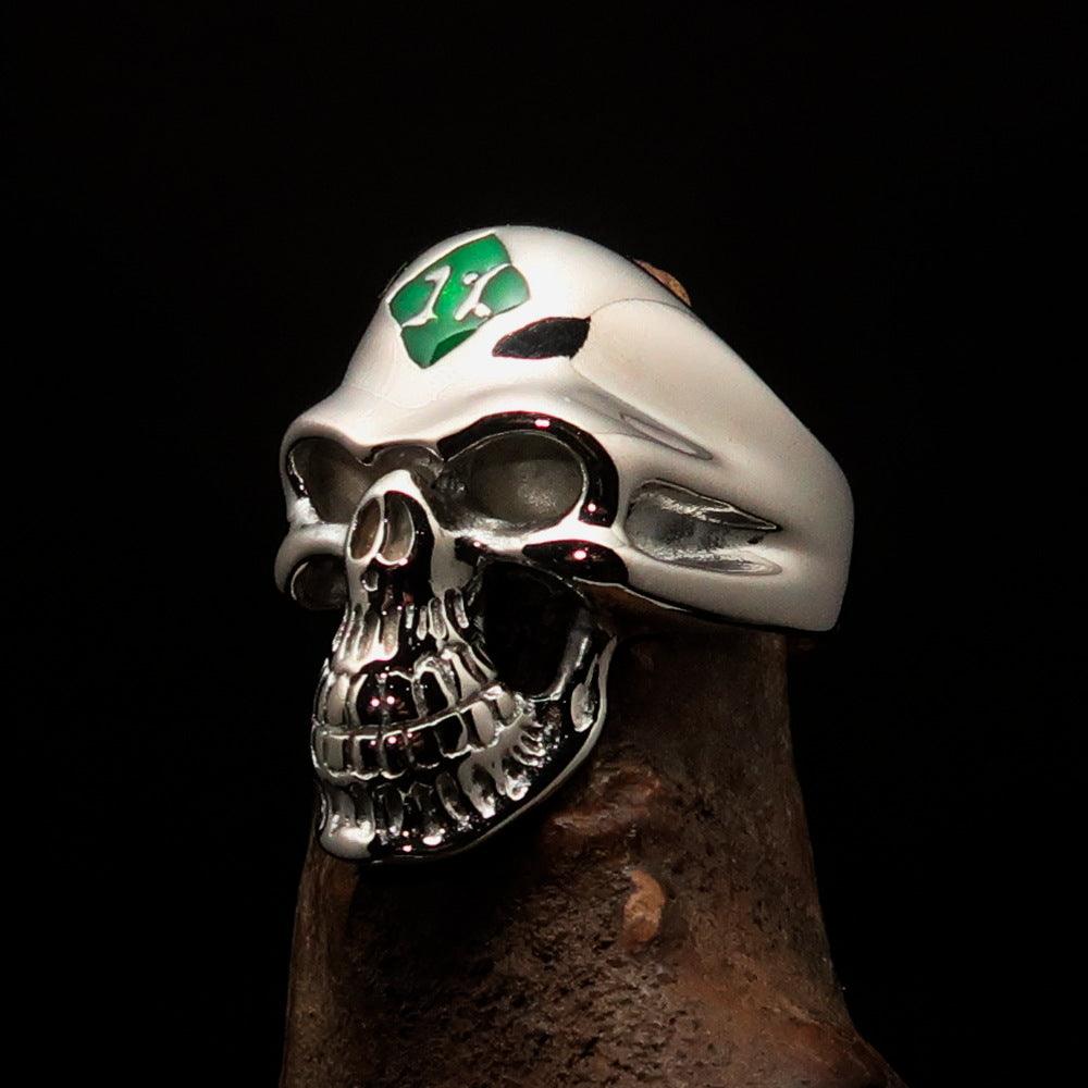 Mirror polished Men's Outlaw Biker Ring featuring a green enamel skull design, crafted from solid sterling silver with a high-polished finish.