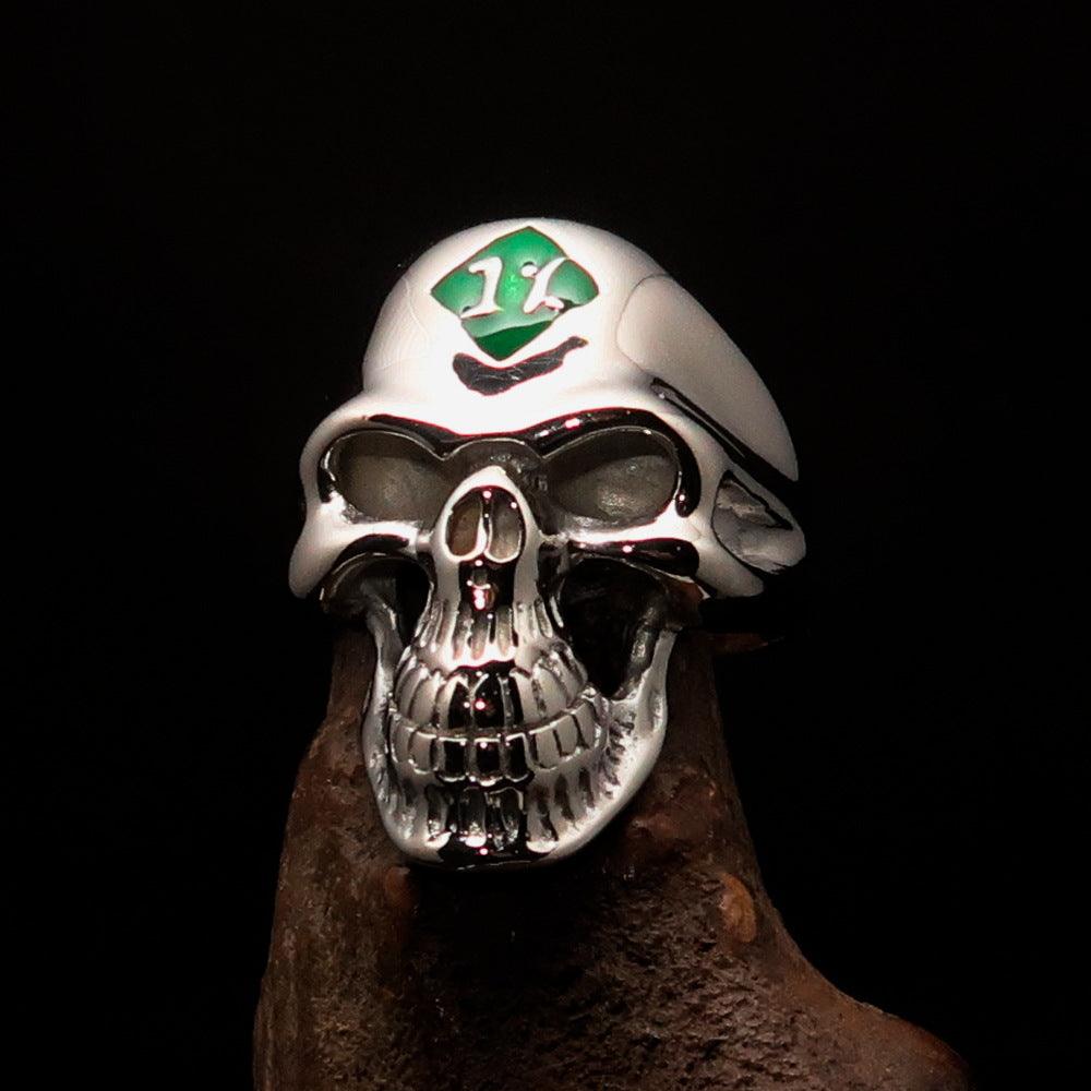 Mirror polished Men's Outlaw Biker Ring featuring a green enamel skull design, crafted from solid sterling silver with a high-polished finish.