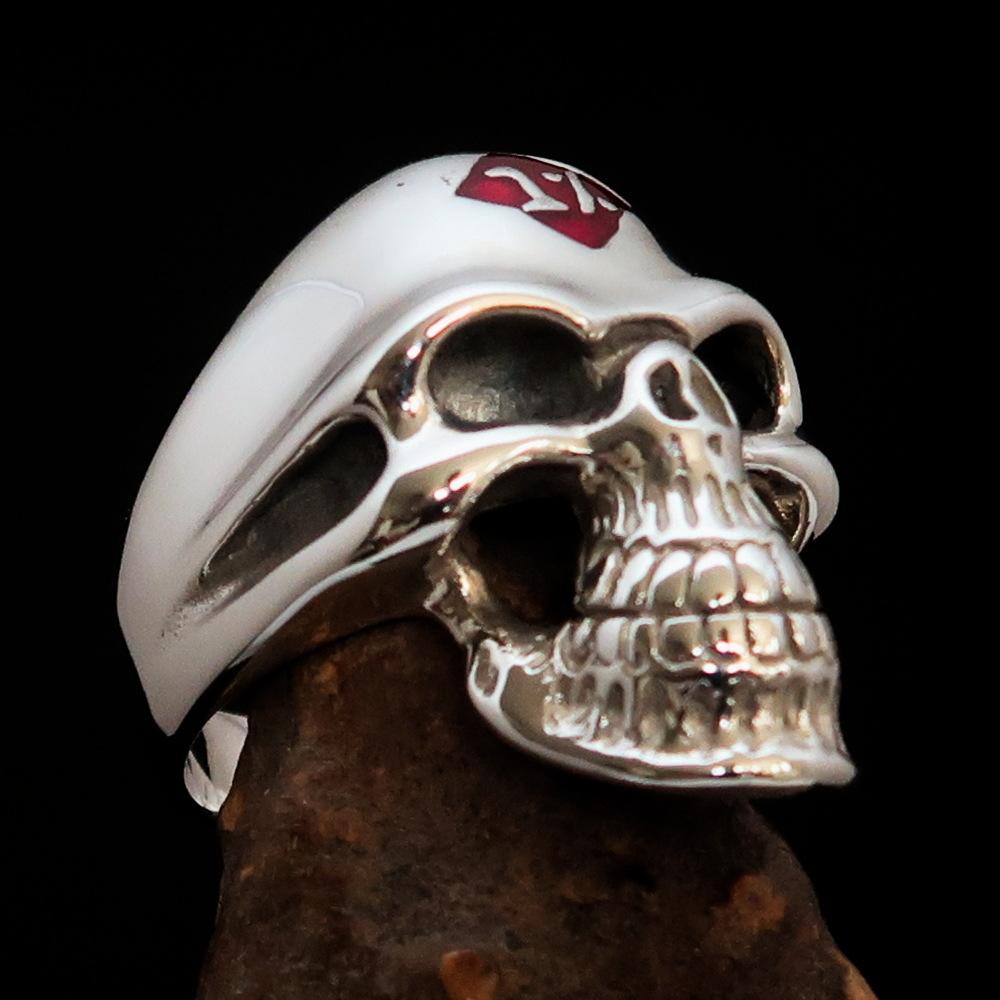 Mirror polished Men's Sterling Silver Outlaw Biker Ring featuring a skull design with red enamel accents, showcasing its high-quality craftsmanship.