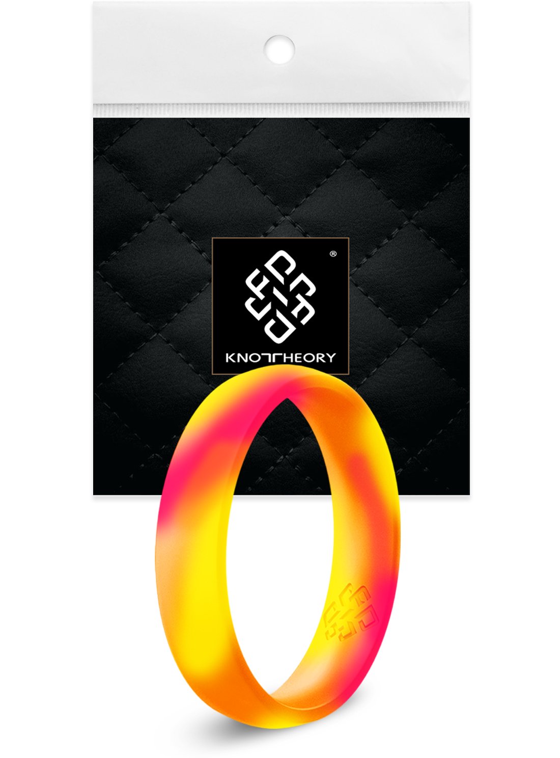 Vibrant neon orange, yellow, and pink swirl silicone ring with a sleek bevel design, showcasing its breathable and comfortable fit.