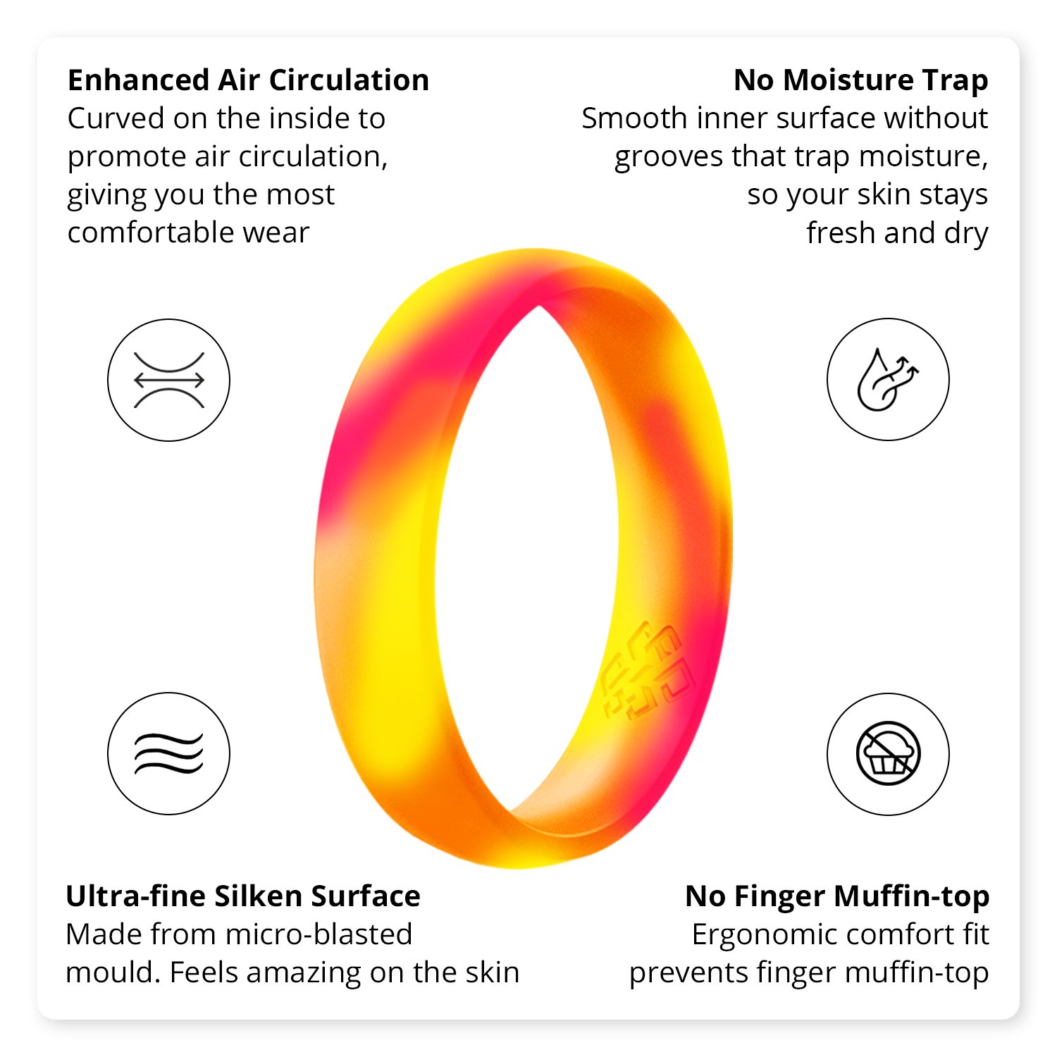 Vibrant neon orange, yellow, and pink swirl silicone ring with a sleek bevel design, showcasing its breathable and comfortable fit.