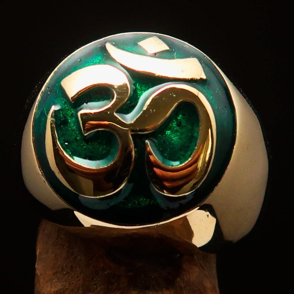 Solid brass Men's Buddhist Ring with a green Aum symbol, featuring high polish and enamel detailing.