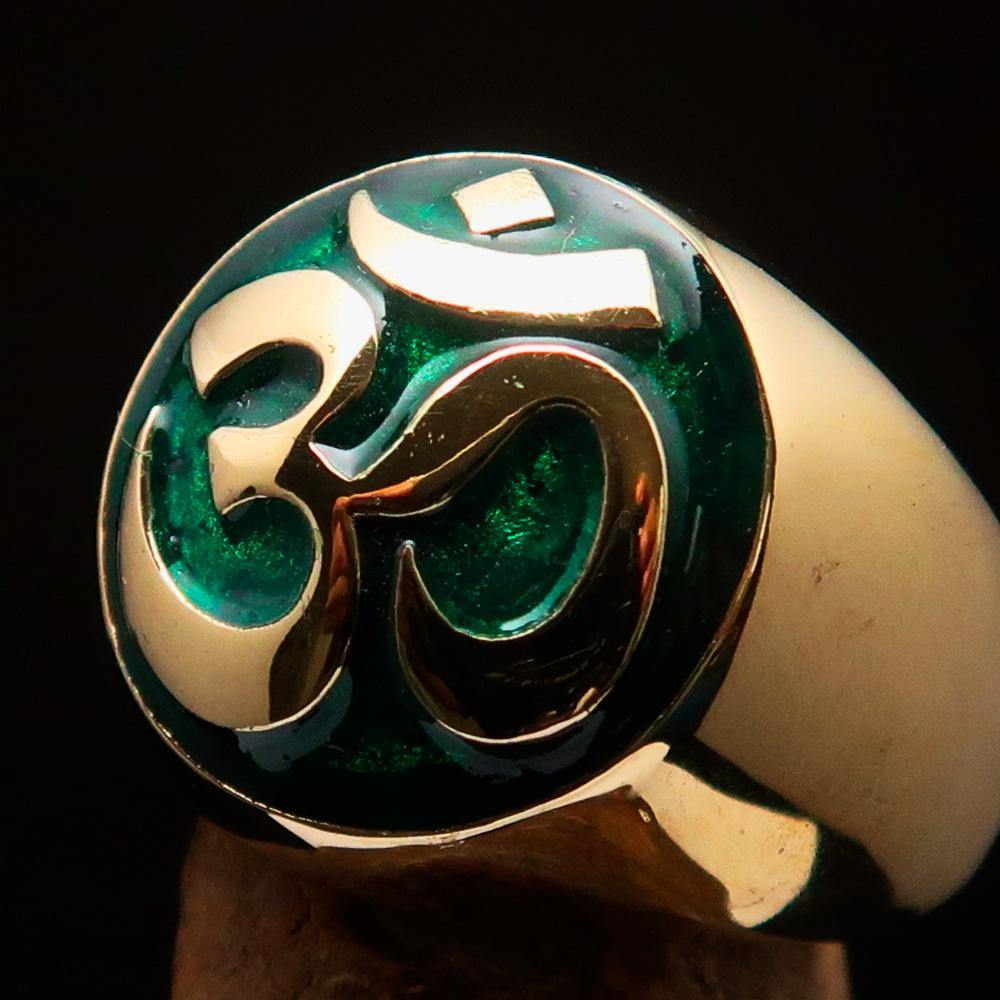 Solid brass Men's Buddhist Ring with a green Aum symbol, featuring high polish and enamel detailing.