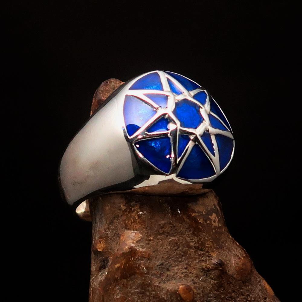 Men's Heptagram Ring in solid sterling silver with blue enamel, featuring a seven-sided star design.