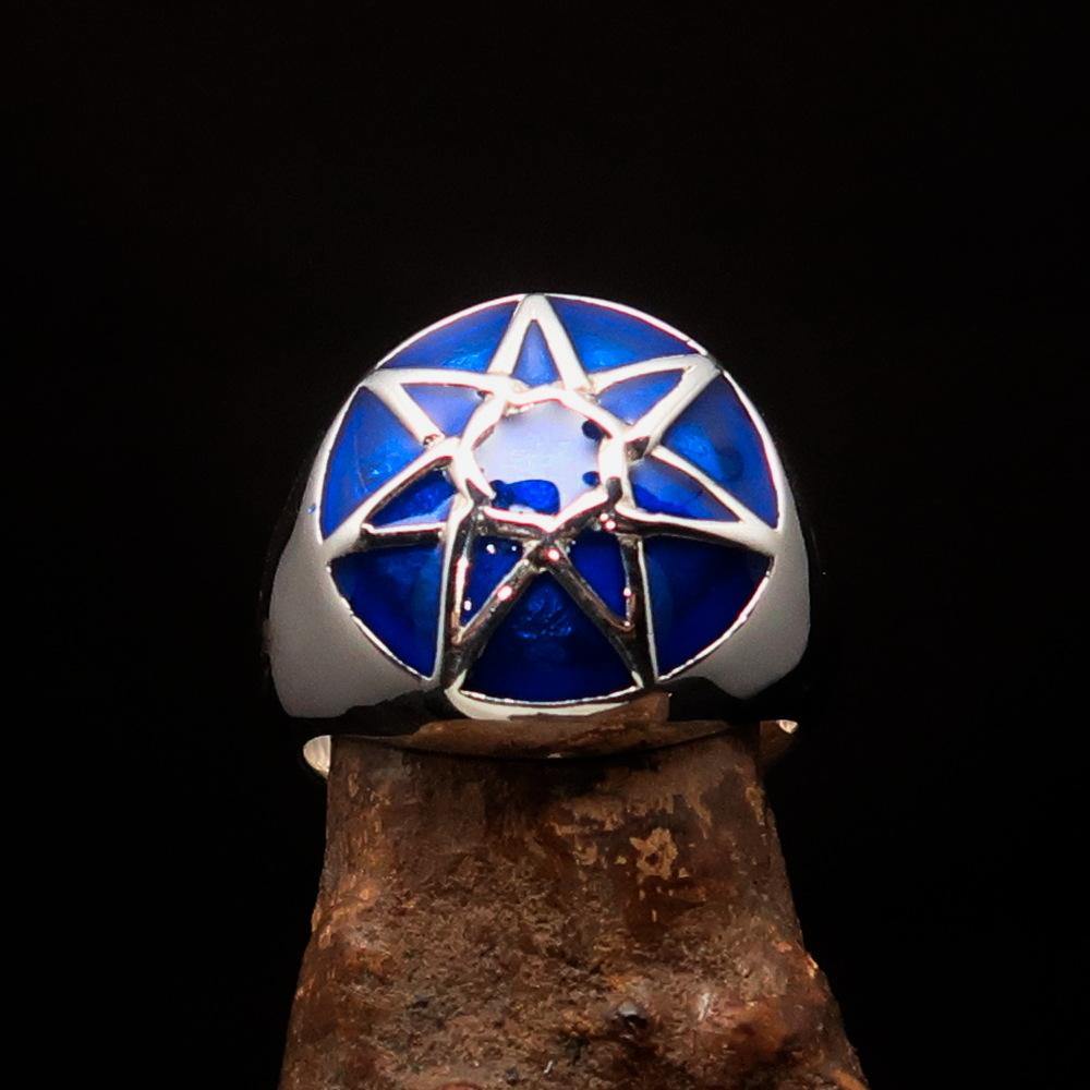 Men's Heptagram Ring in solid sterling silver with blue enamel, featuring a seven-sided star design.