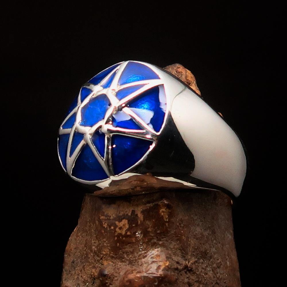 Men's Heptagram Ring in solid sterling silver with blue enamel, featuring a seven-sided star design.