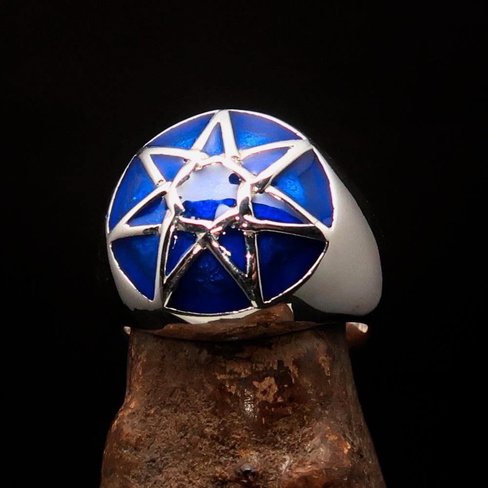 Men's Heptagram Ring in solid sterling silver with blue enamel, featuring a seven-sided star design.