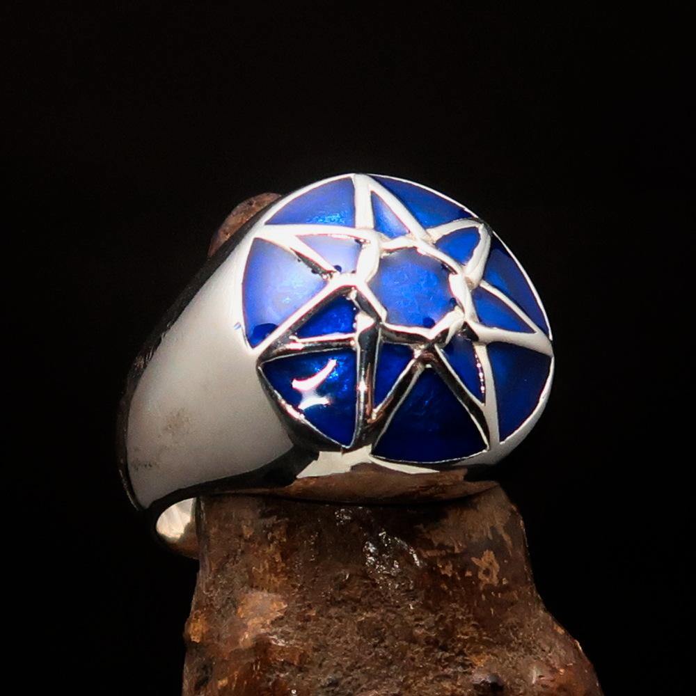 Men's Heptagram Ring in solid sterling silver with blue enamel, featuring a seven-sided star design.