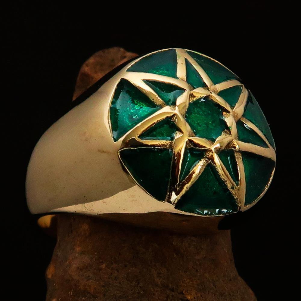 Men's Heptagram Ring made of solid brass with a green enamel finish, featuring a unique seven-sided star design.