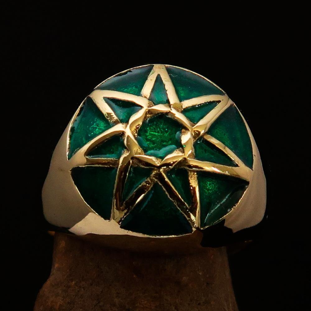 Men's Heptagram Ring made of solid brass with a green enamel finish, featuring a unique seven-sided star design.