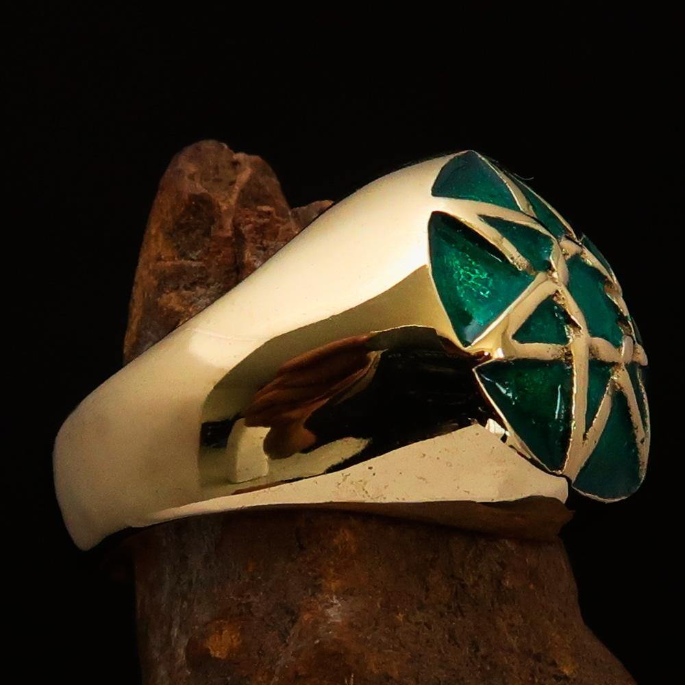 Men's Heptagram Ring made of solid brass with a green enamel finish, featuring a unique seven-sided star design.