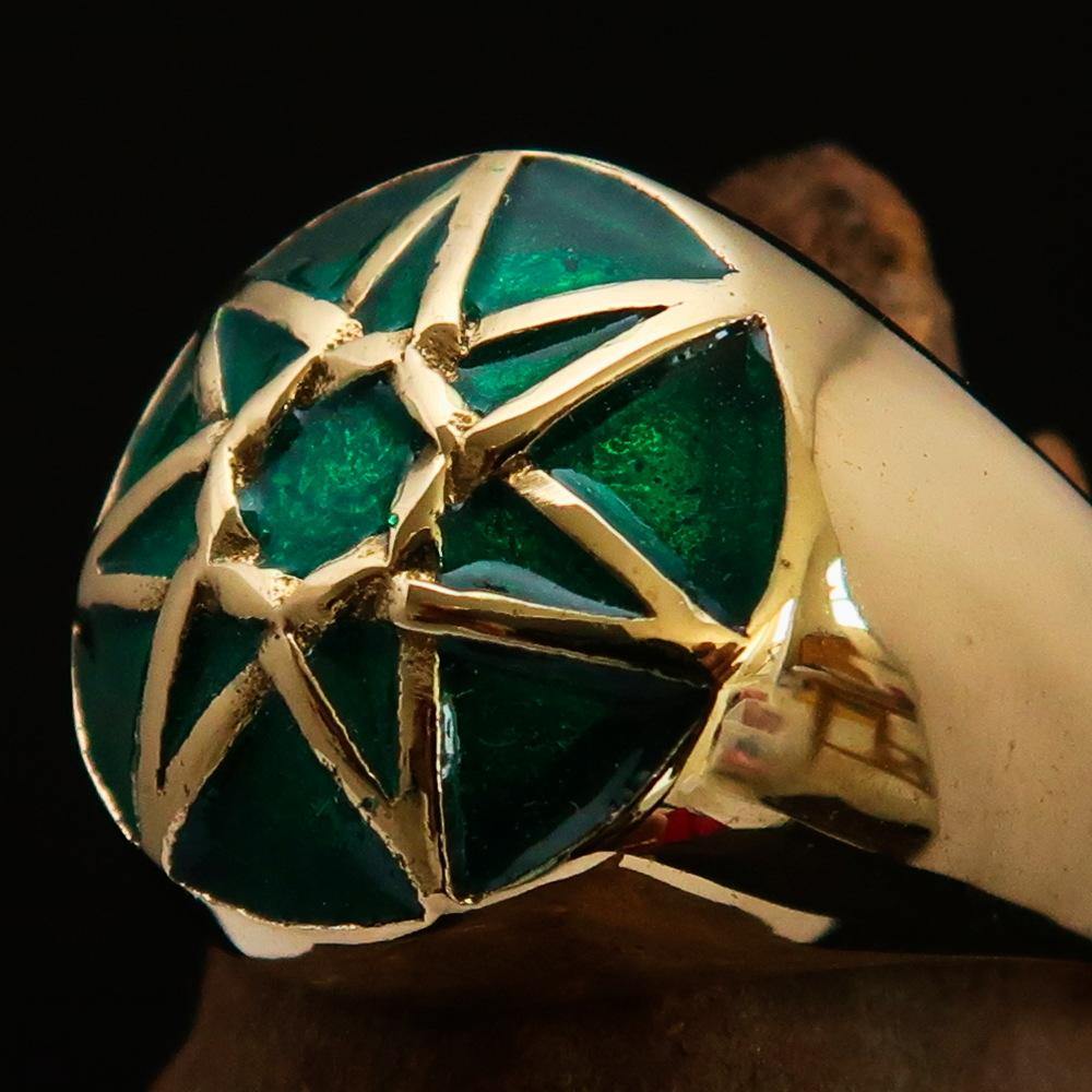 Men's Heptagram Ring made of solid brass with a green enamel finish, featuring a unique seven-sided star design.