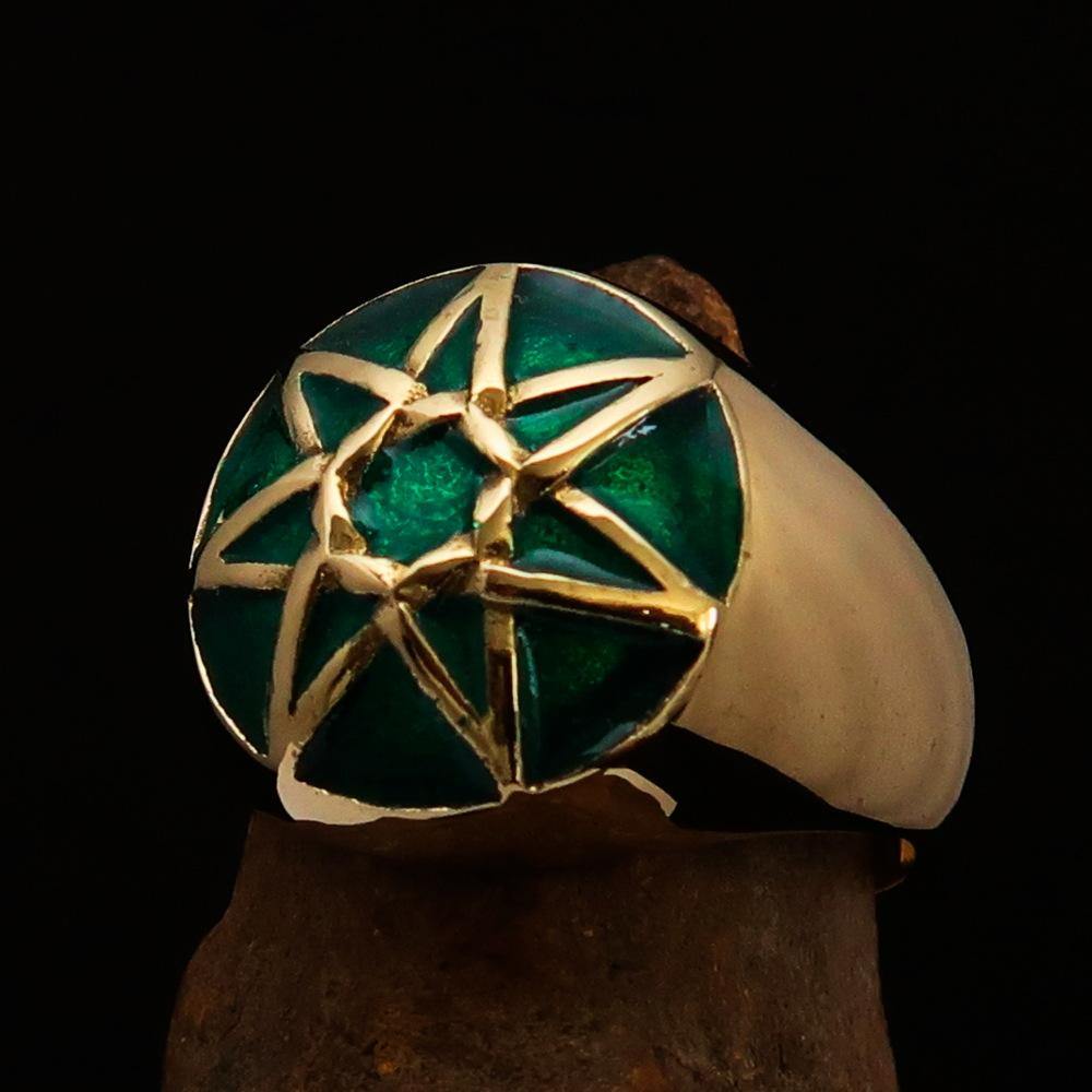 Men's Heptagram Ring made of solid brass with a green enamel finish, featuring a unique seven-sided star design.