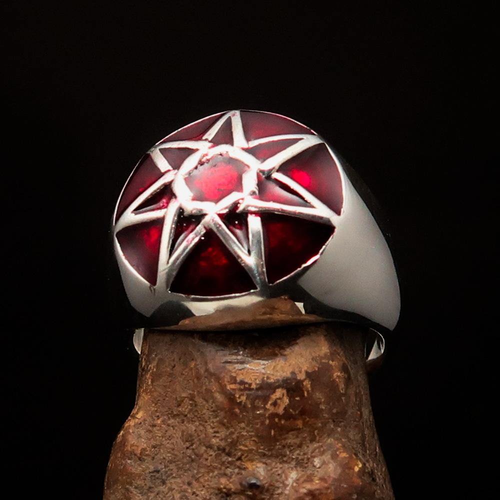 Men's Heptagram Ring made of solid sterling silver with a red enamel finish, featuring a seven-sided star design.