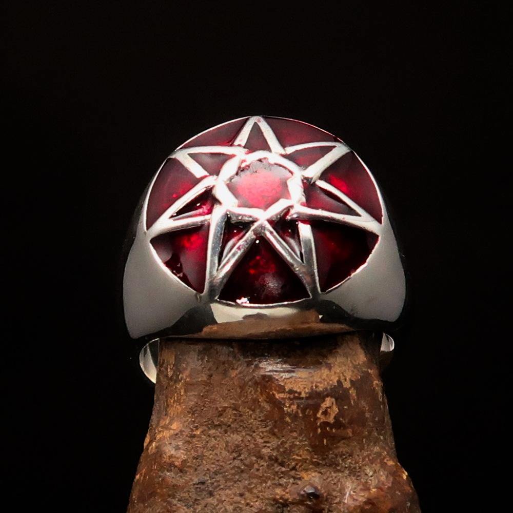 Men's Heptagram Ring made of solid sterling silver with a red enamel finish, featuring a seven-sided star design.