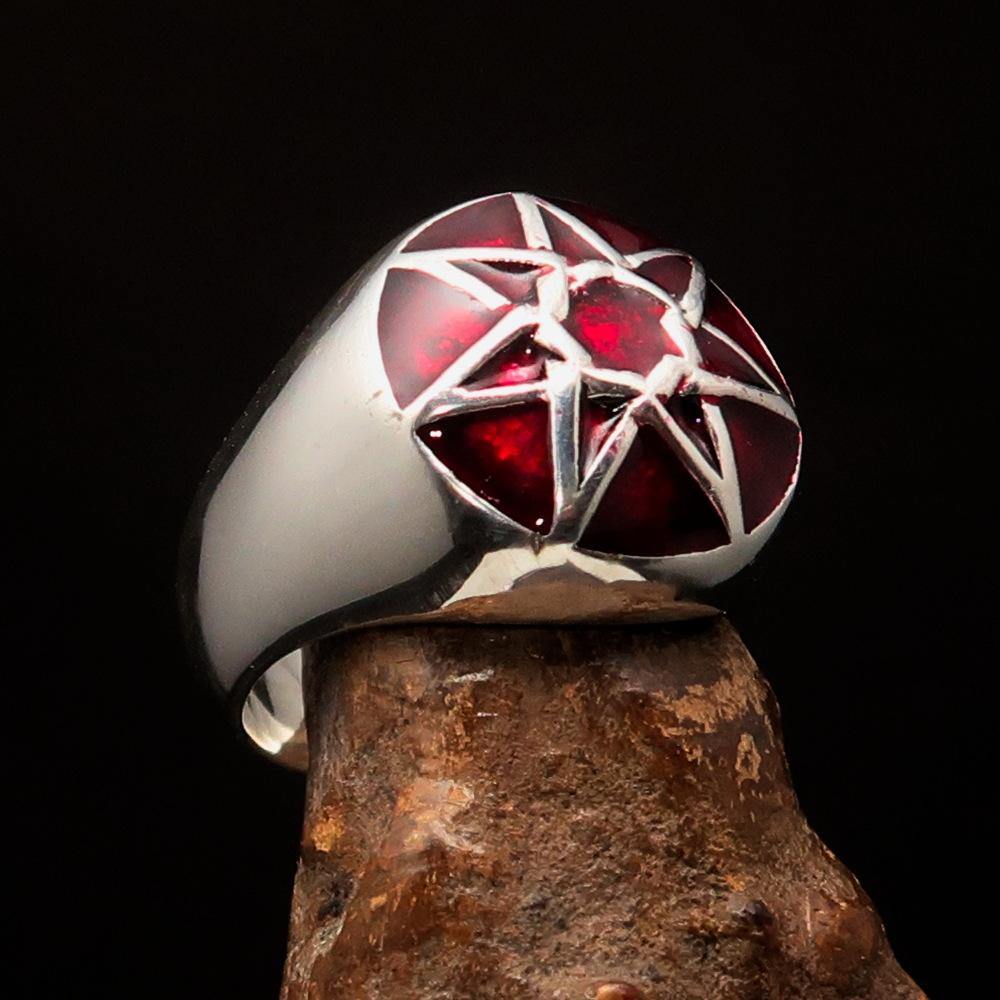 Men's Heptagram Ring made of solid sterling silver with a red enamel finish, featuring a seven-sided star design.