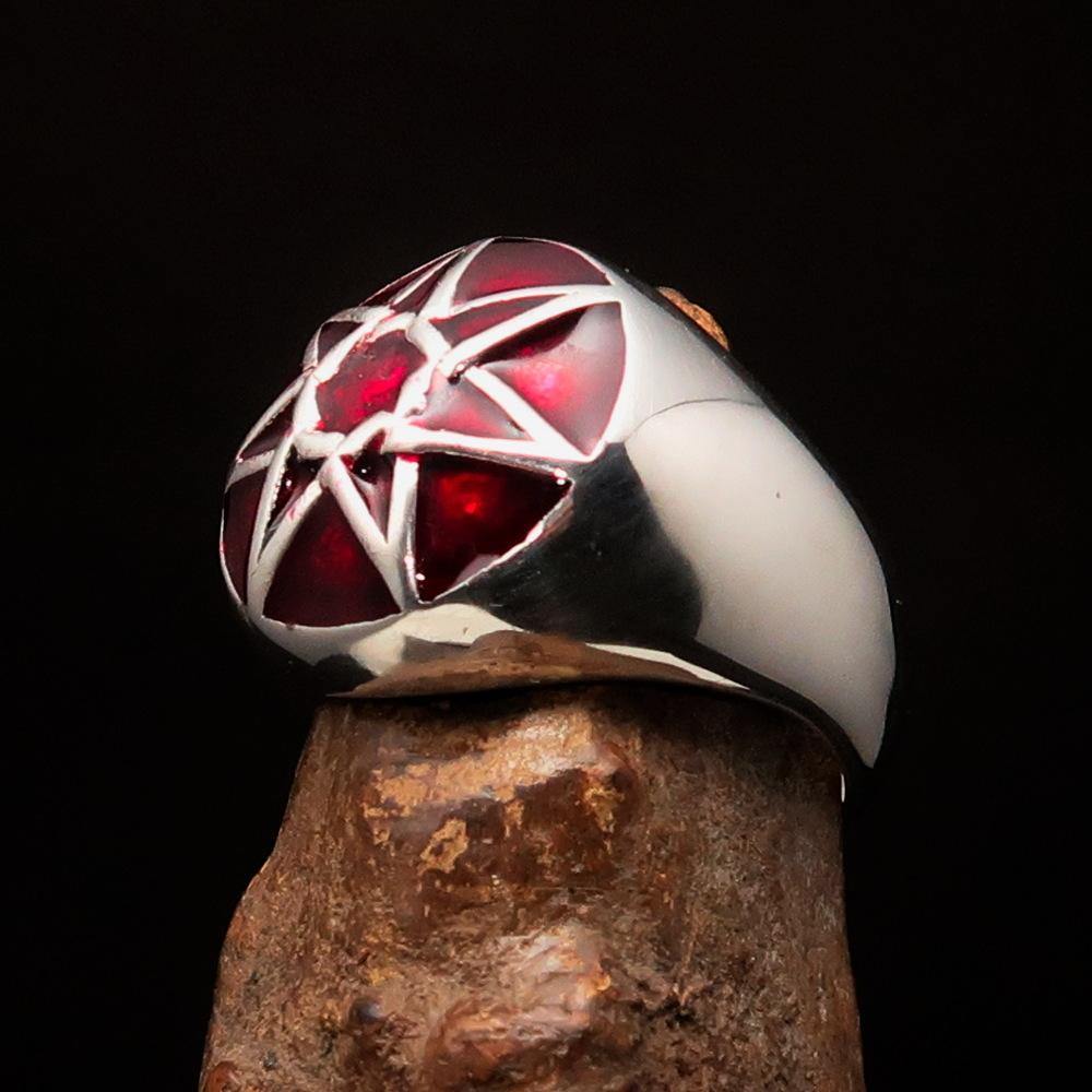 Men's Heptagram Ring made of solid sterling silver with a red enamel finish, featuring a seven-sided star design.