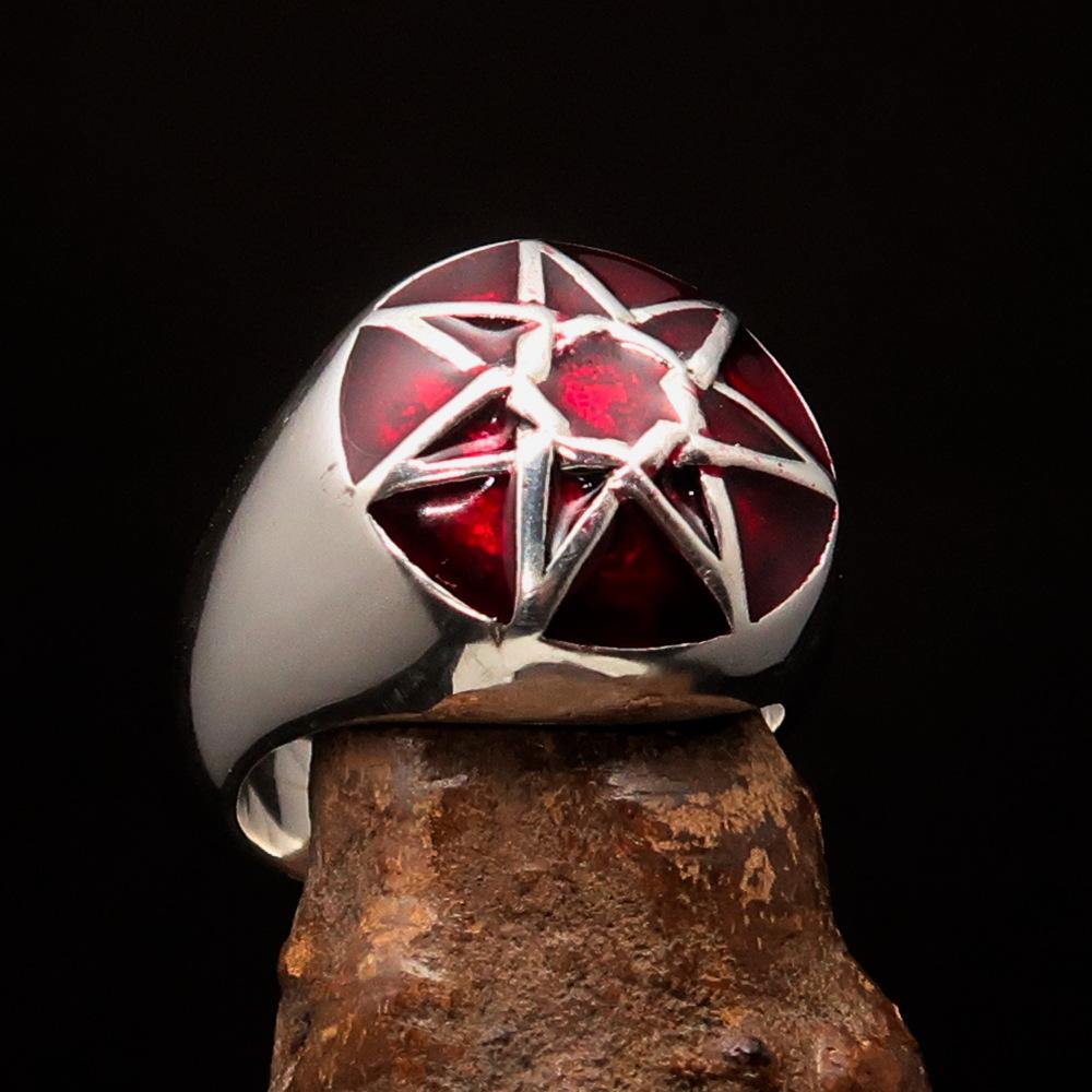 Men's Heptagram Ring made of solid sterling silver with a red enamel finish, featuring a seven-sided star design.