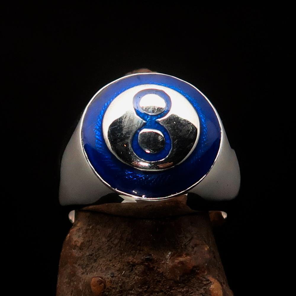 Stylish blue domed Men's Number Ring featuring the number 8, crafted from solid Sterling Silver with a high-polished enamel finish.