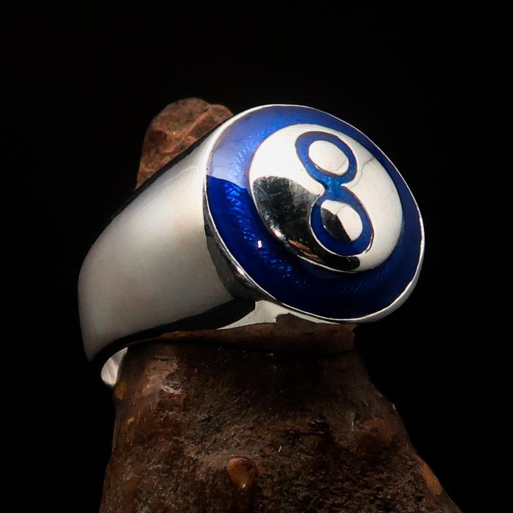 Stylish blue domed Men's Number Ring featuring the number 8, crafted from solid Sterling Silver with a high-polished enamel finish.